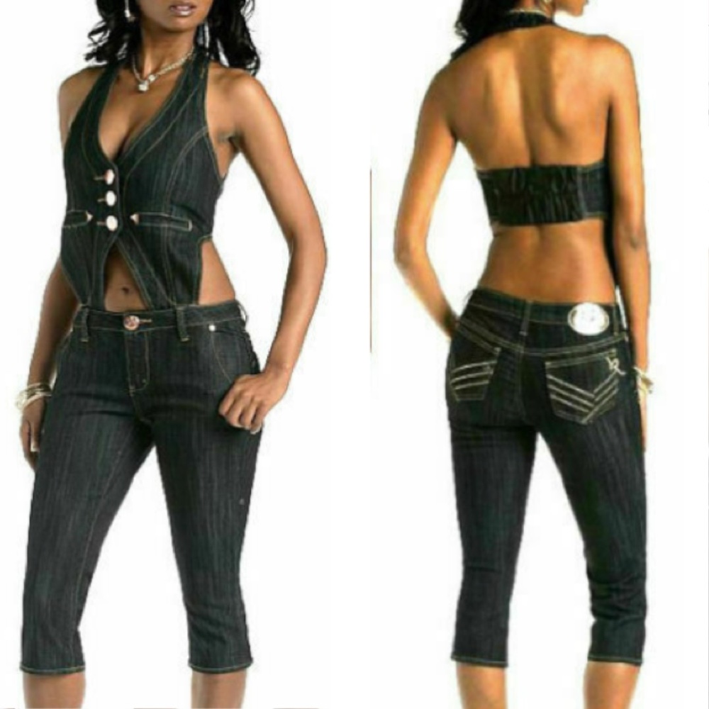 NEW ROCAWEAR Y2K Detachable Vest Denim 2 piece Jumpsuit Jeans romper Open Back 7
